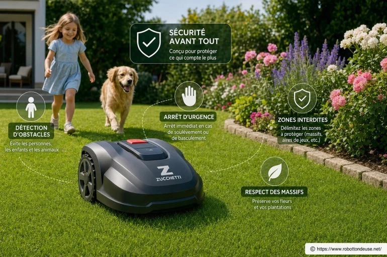 Sécurité et robots tondeuses Zucchetti : comment protéger animaux, enfants et massifs