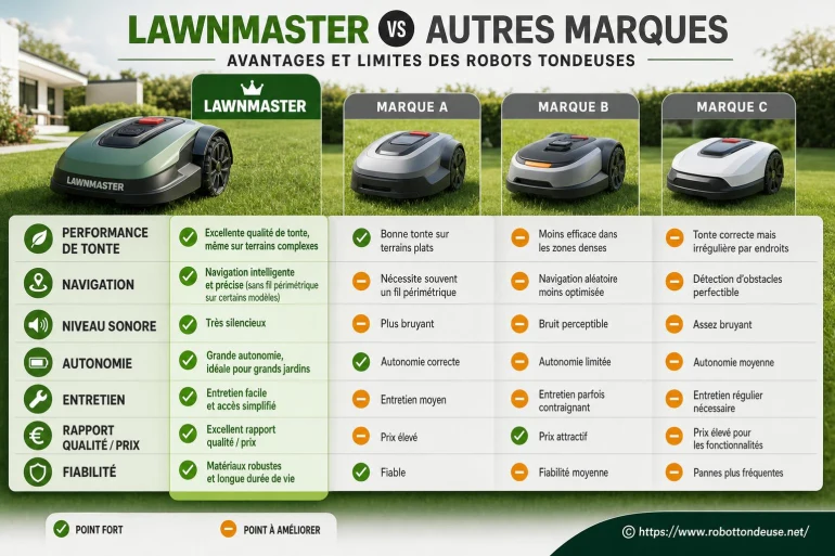 Comparatif lawnmaster et autres marques de robots tondeuses : quels avantages et limites