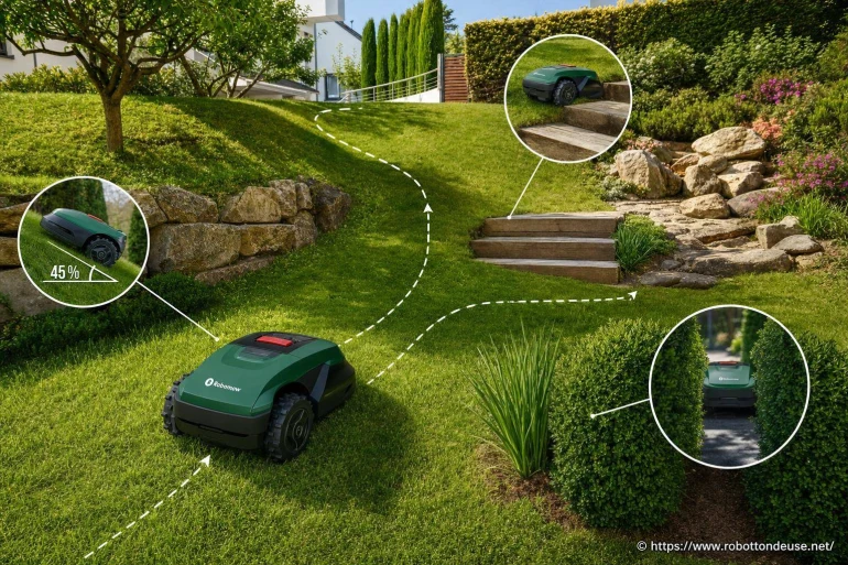 Gérer les pentes, les obstacles et les petits passages avec un robot tondeuse Robomow