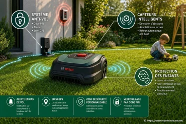 Sécurité des robots tondeuses Bosch : antivol, capteurs et protection des enfants