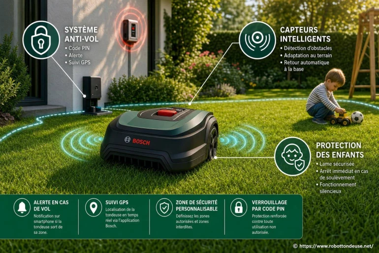 Sécurité des robots tondeuses Bosch : antivol, capteurs et protection des enfants