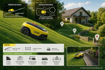 Robot tondeuse Kärcher sur terrain en pente ou biscornu : limites, solutions et aménagements adaptés