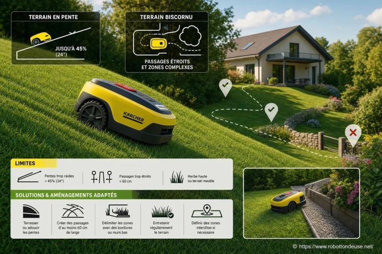 Robot tondeuse Kärcher sur terrain en pente ou biscornu : limites, solutions et aménagements adaptés