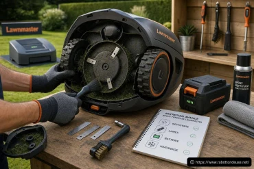 Entretien avancé d’un robot tondeuse Lawnmaster : nettoyage, lames, batterie et hivernage