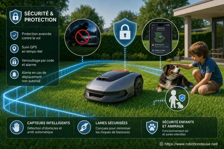 Sécurité et robot tondeuse Dreame : protections, antivol et vigilance avec les enfants et animaux